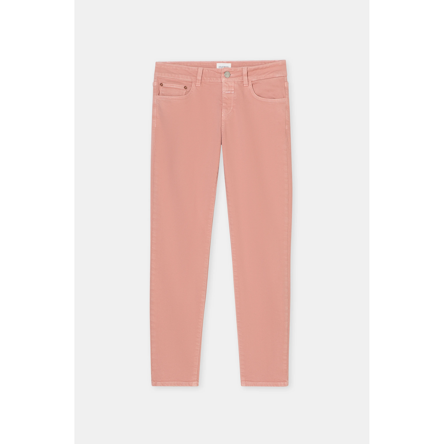 Closed Women's Baker Power Stretch Jeans in terracotta rose, showcasing the fitted, stretchy denim fabric and stylish color.