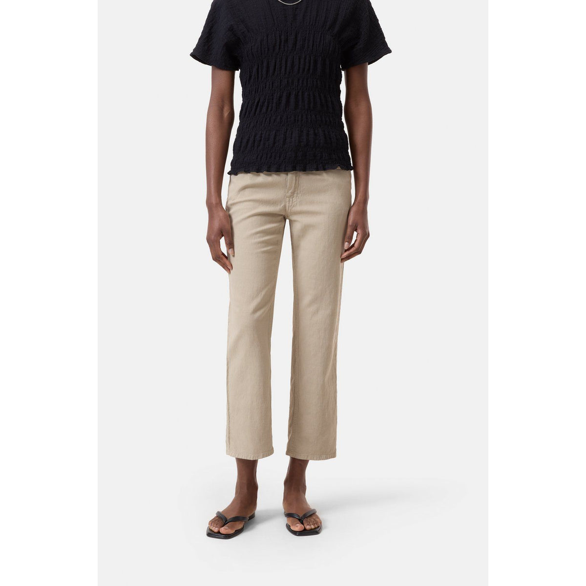 Women's Milo Cotton Linen Straight Pants in soft beige by Closed Women's, featuring a relaxed fit and classic style.