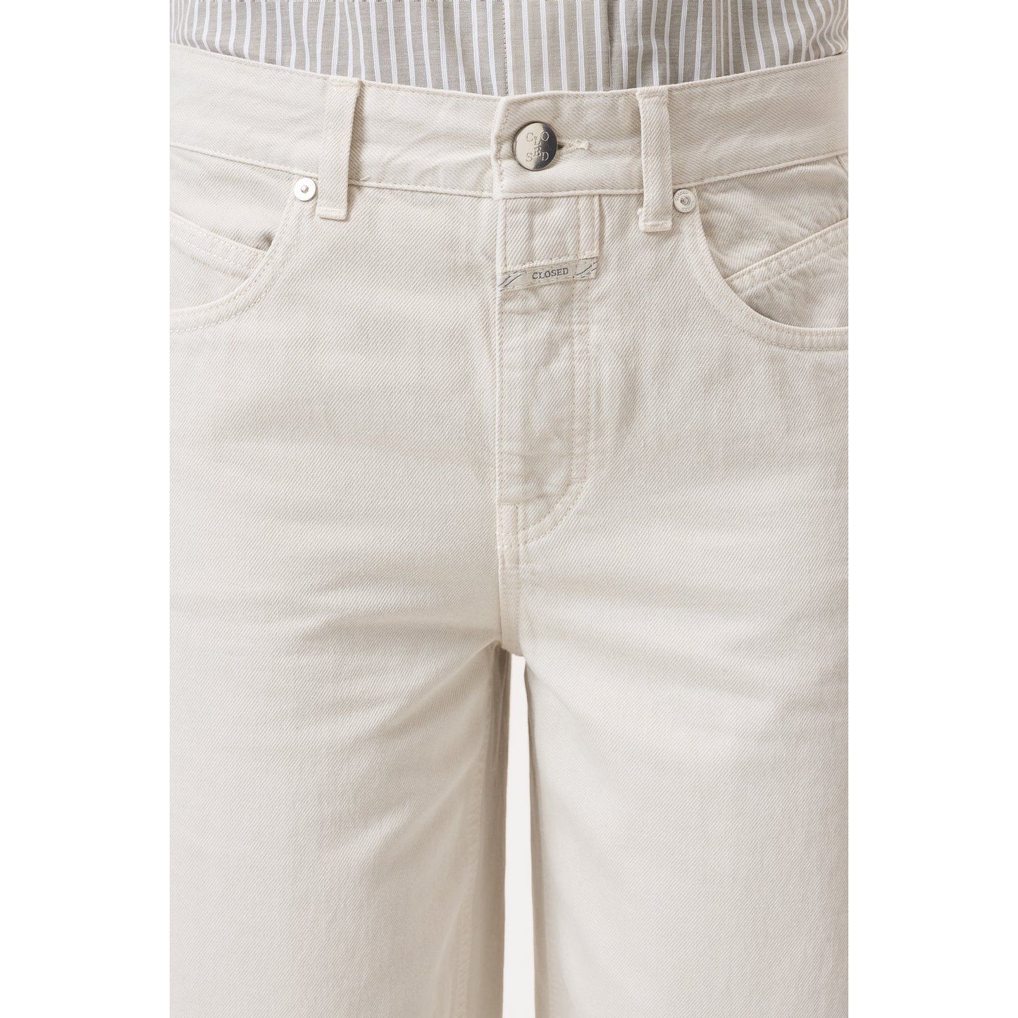 Closed Women's Nikka Wide Jean in Stone Beige, featuring a relaxed fit and classic denim style, shown on a model.