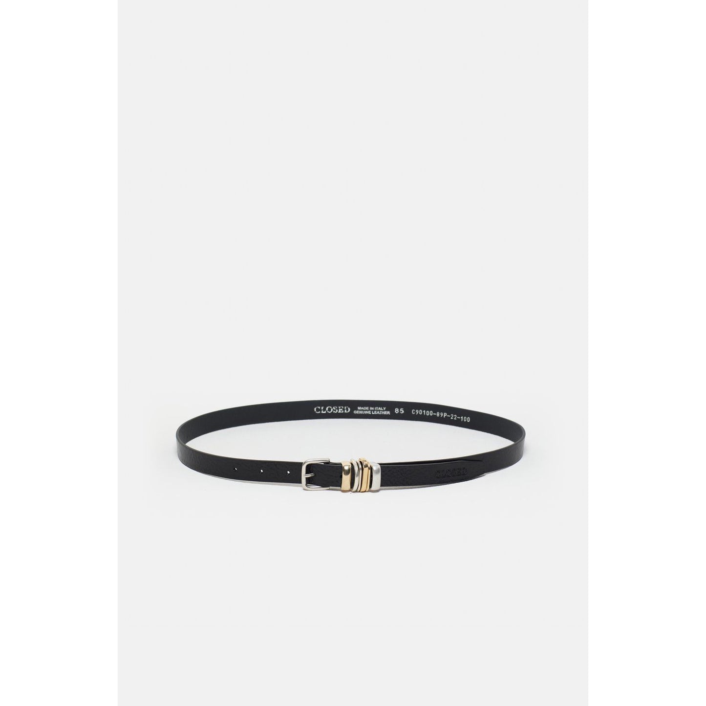 Black women's leather belt with metal buckle, stylish accessory from Closed Women's, featuring a sleek and durable design.
