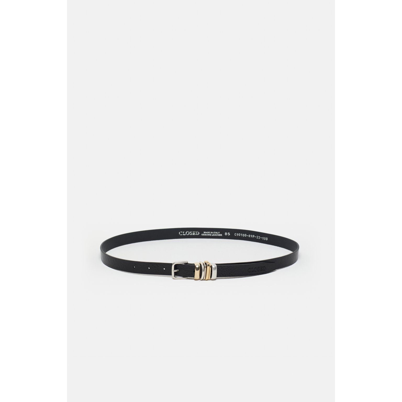 Black women's leather belt with metal buckle, stylish accessory from Closed Women's, featuring a sleek and durable design.
