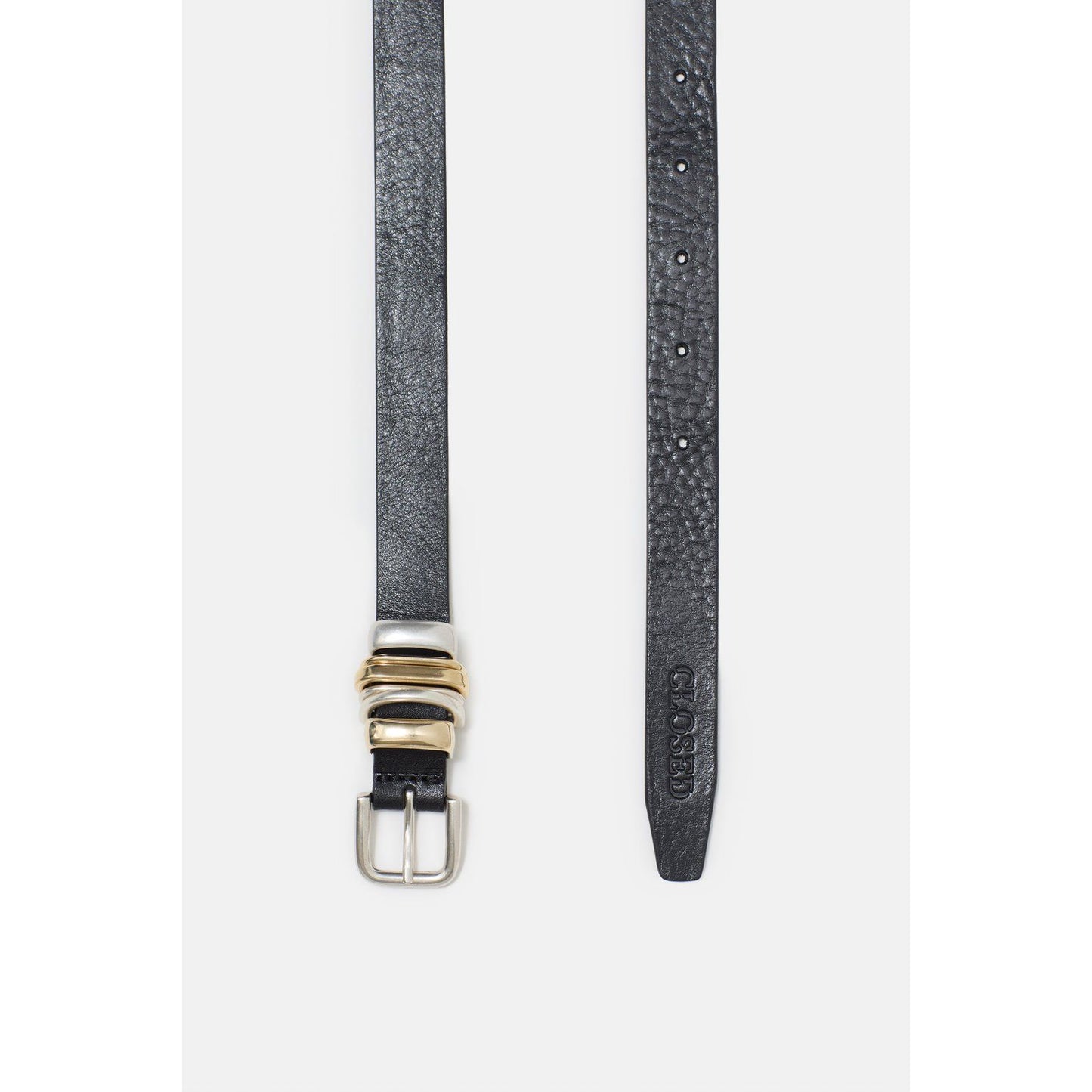 Black women's leather belt with metal buckle from Closed Women's, featuring a sleek and stylish design.