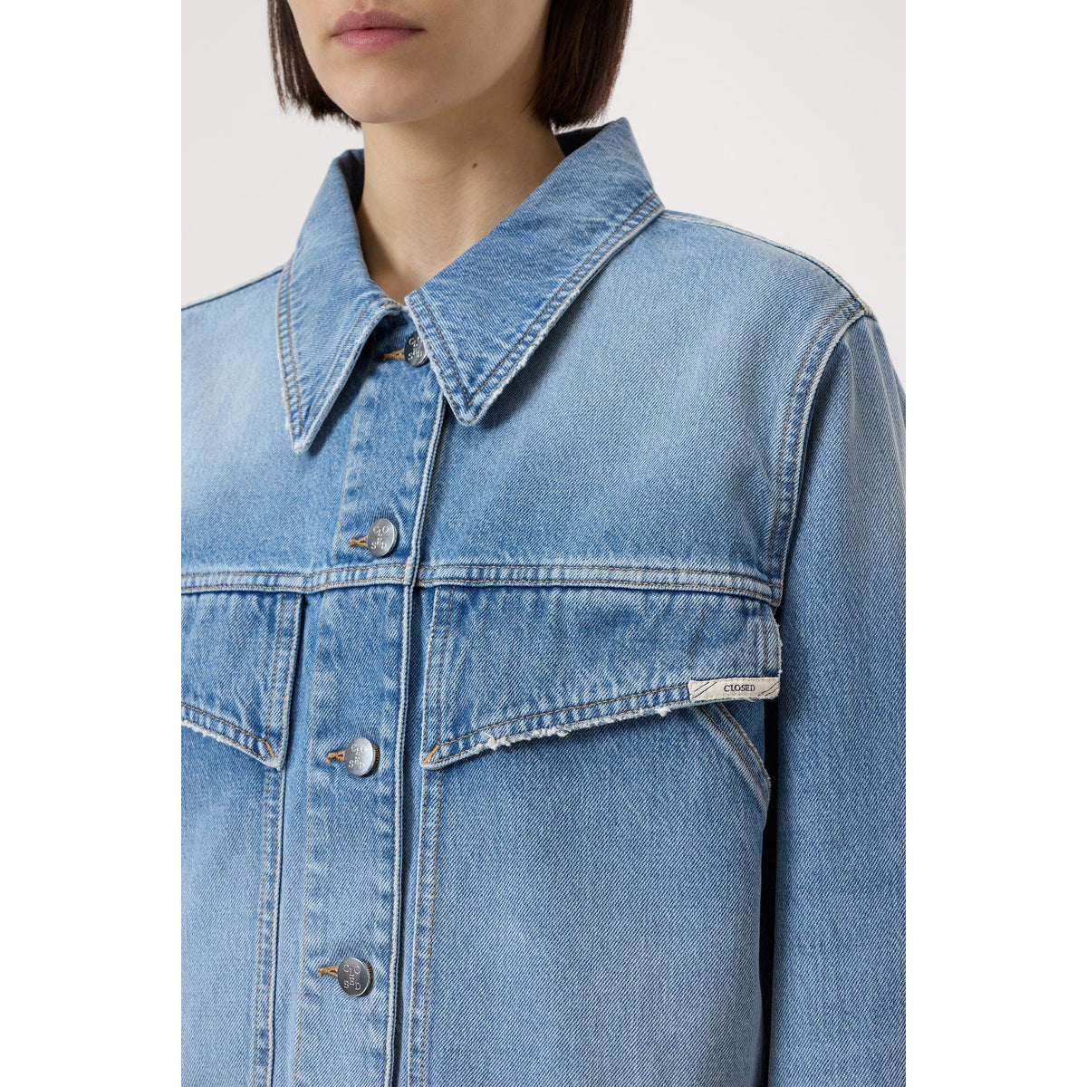 Women's mid blue 33° Denim Jacket by Closed Women's, shown in a casual fit with classic denim styling.