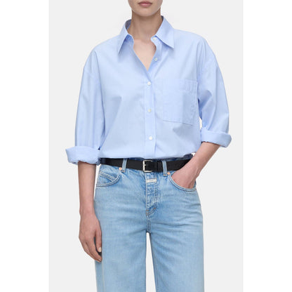 Closed Women's Lazio Blue cotton shirt blouse, lightweight with long sleeves and classic collar, styled on a hanger.
