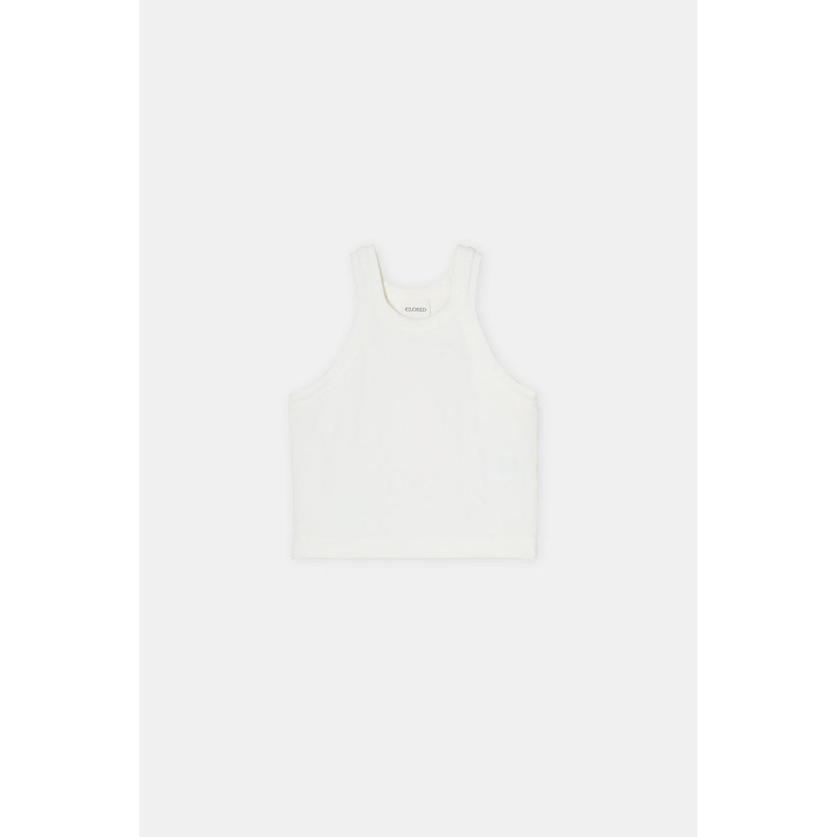 Women's ivory cropped racer top by Closed Women's, showing close-up of sleeveless design and soft fabric texture.