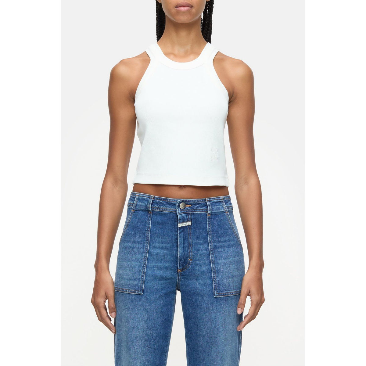 Women's ivory cropped racer top by Closed Women's, shown with close-up of fabric and fit.