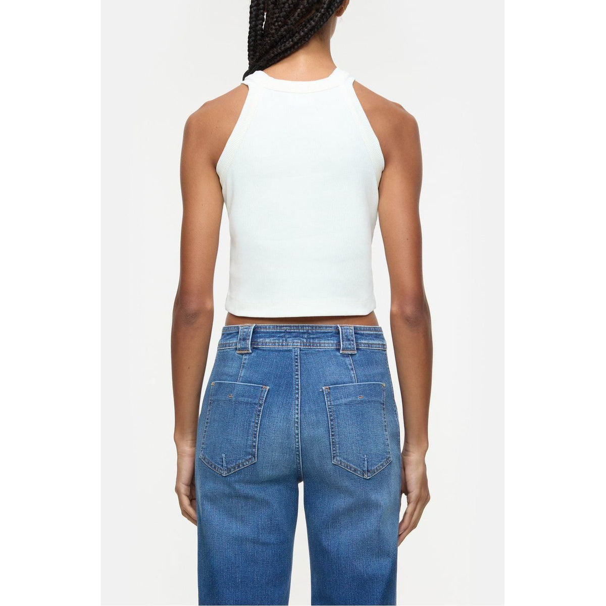 Ivory women's Cropped Racer Top by Closed Women's, featuring a fitted design and sleeveless style, displayed on a hanger.