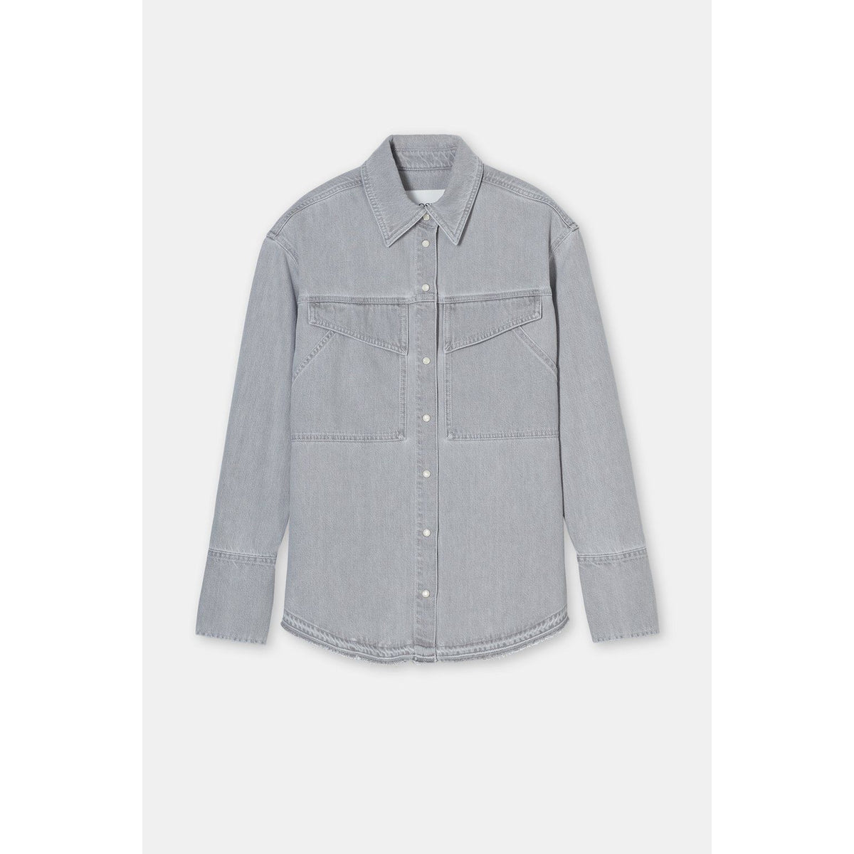 Light grey women's denim shirt by Closed, featuring classic button-up style and casual fit, displayed on a neutral background.