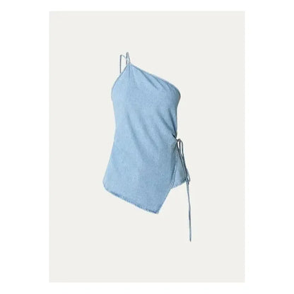 Light blue women's denim wrap top by Closed, featuring a lyocell blend fabric and an asymmetrical neckline.