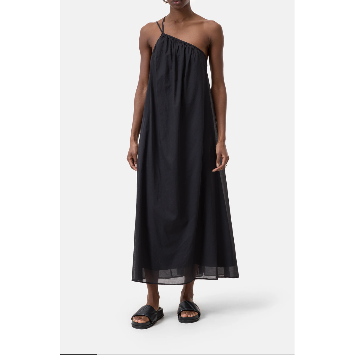 Black women's gathered asymmetrical dress by Closed Women's, showcasing a stylish, flowing design with unique asymmetrical details.