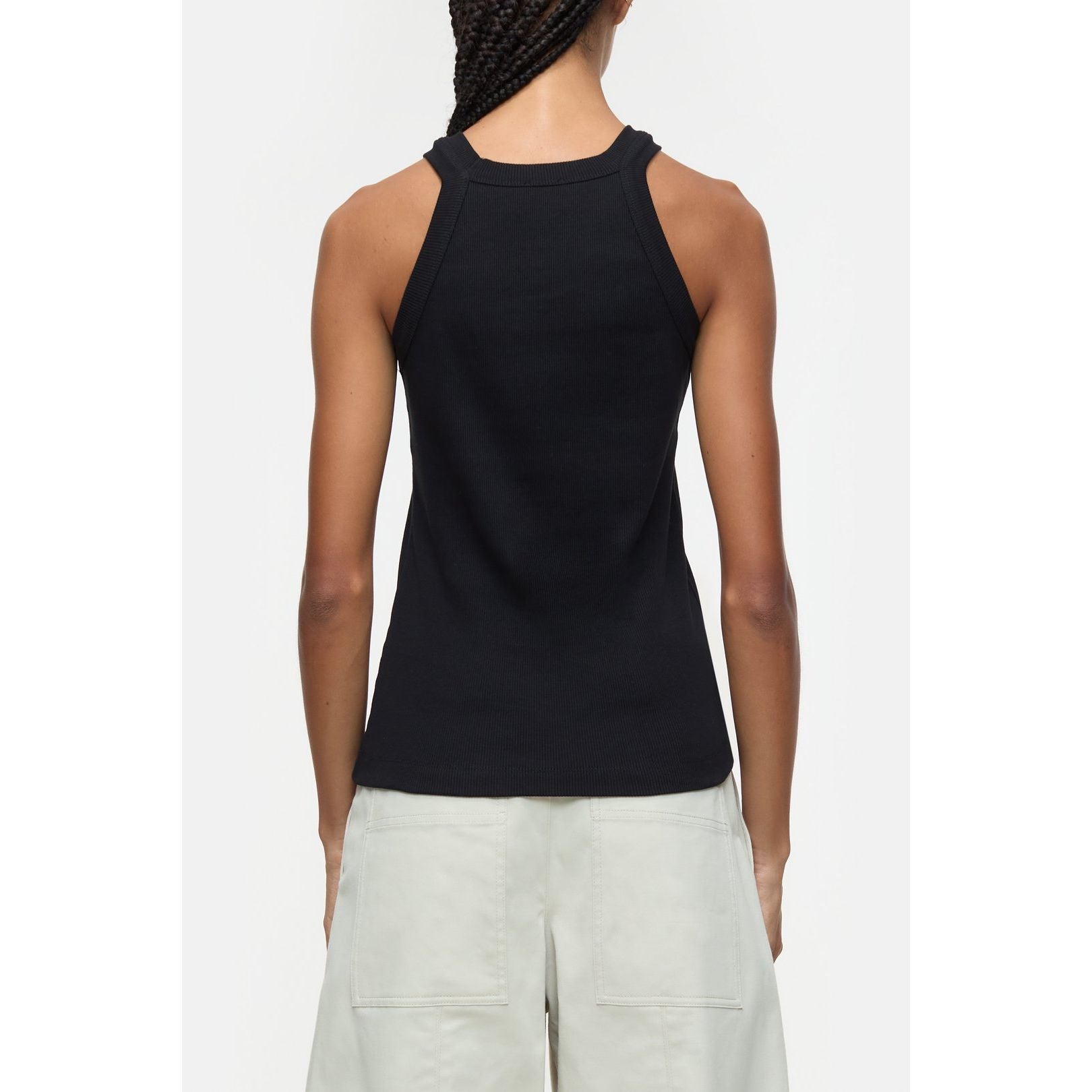 Black women's racer top by Closed Women's, featuring a fitted style and sleeveless design, ideal for casual or athletic wear.
