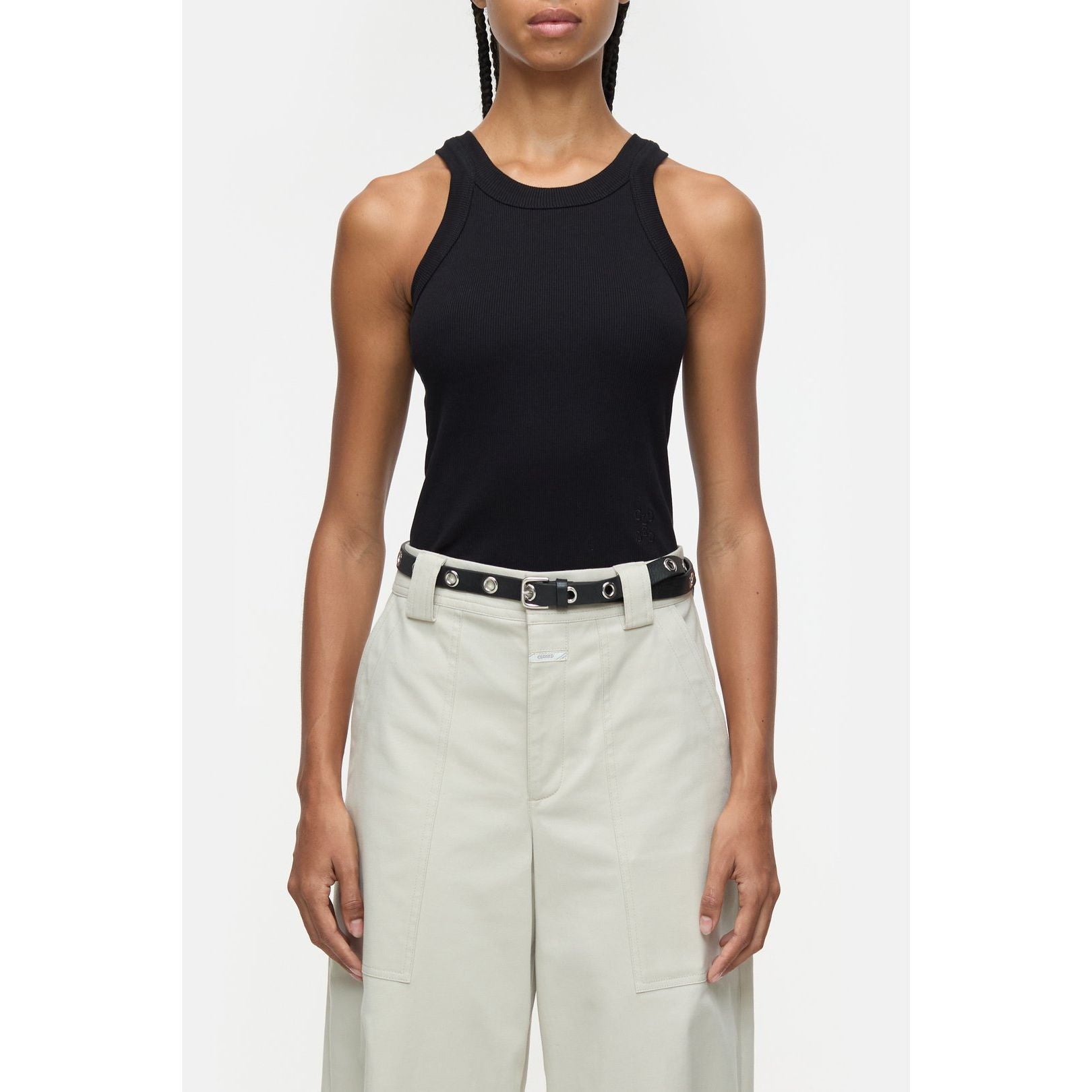 Black women's racer top by Closed Women's, fitted sleeveless shirt with high neckline and sleek design.