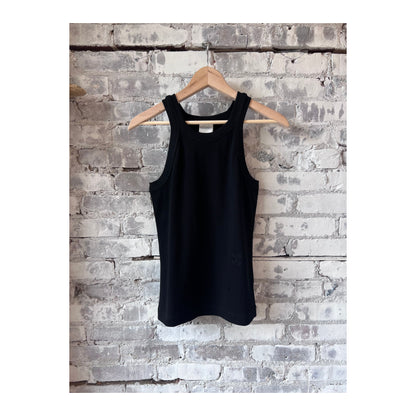 Black women's Racer Top by Closed Women's, close-up showing fitted sleeveless design and smooth fabric.