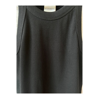 Black women's racer top by Closed Women's, close-up view showing fitted sleeveless design and soft fabric texture.