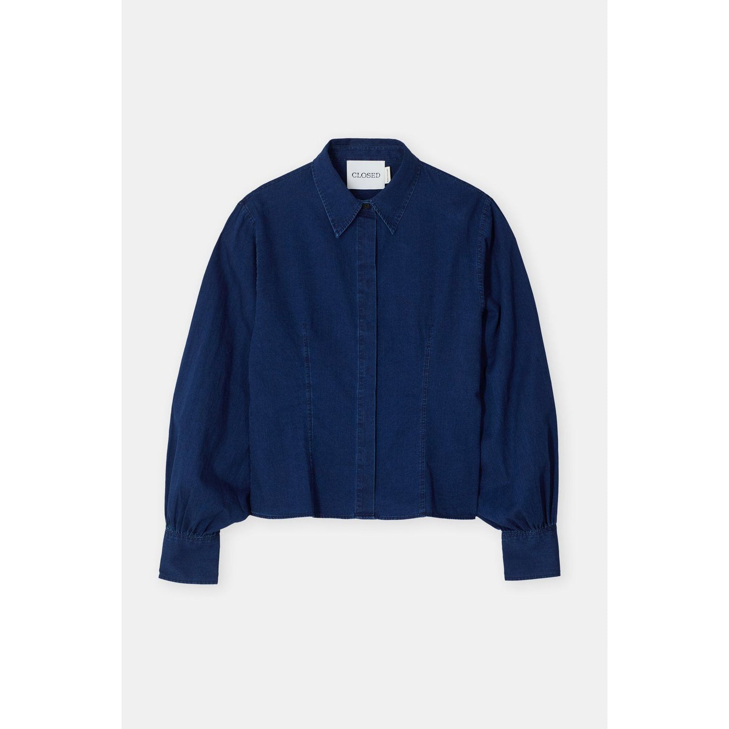Women's tailored dark blue cotton blouse by Closed, featuring a classic fit and elegant design, shown on a white background.