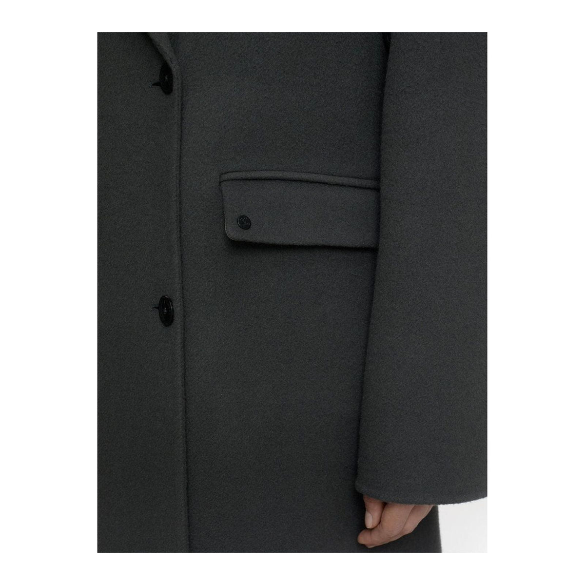 Women's Virgin Wool Cashmere Blend Coat in Irish Coffee color by Closed Women's, close-up of fabric and coat details.