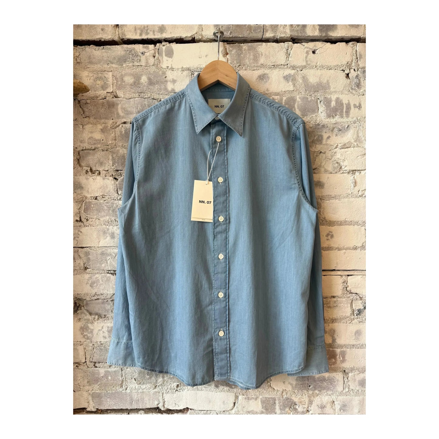 Men's Colby Denim Shirt in Bleach Indigo by NN07, featuring a casual fit with button-front and long sleeves.