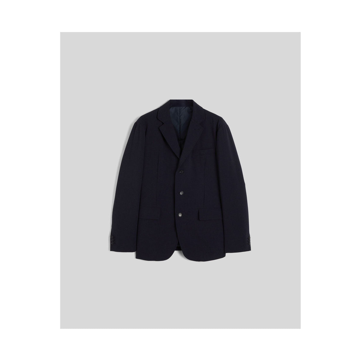 Men's navy Comfortemp® blazer by Aspesi, tailored fit with classic lapel and button closure, displayed on a hanger.