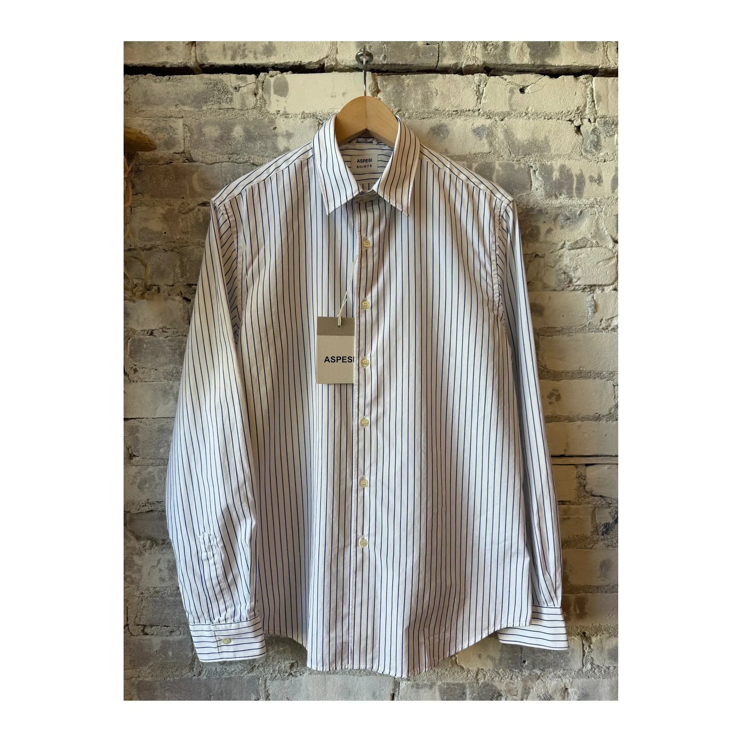 Men's Aspesi Comma Poplin Shirt with bold navy stripe pattern, featuring a classic collar and button-front design.