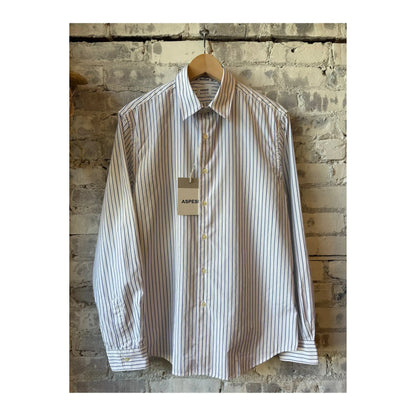 Men's Aspesi Comma Poplin Shirt with bold navy stripe pattern, featuring a classic collar and button-front design.