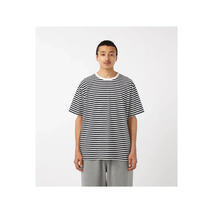 Men's black and navy striped COOLMAX jersey tee by nanamica, featuring a casual fit and soft, breathable fabric.