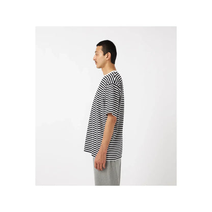 Men's black and navy COOLMAX Stripe Jersey T-shirt by nanamica, featuring a comfortable, lightweight striped knit fabric.