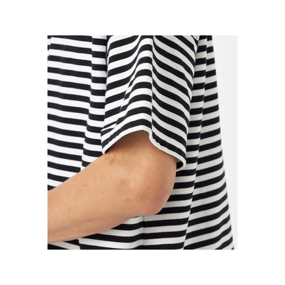 Men's black and navy COOLMAX Stripe Jersey Tee by nanamica, showing the lightweight, breathable fabric with horizontal stripe pattern.