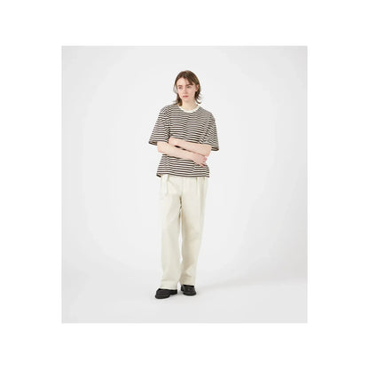 Men's black and navy COOLMAX Stripe Jersey Tee by nanamica, featuring a striped design and comfortable lightweight fabric.