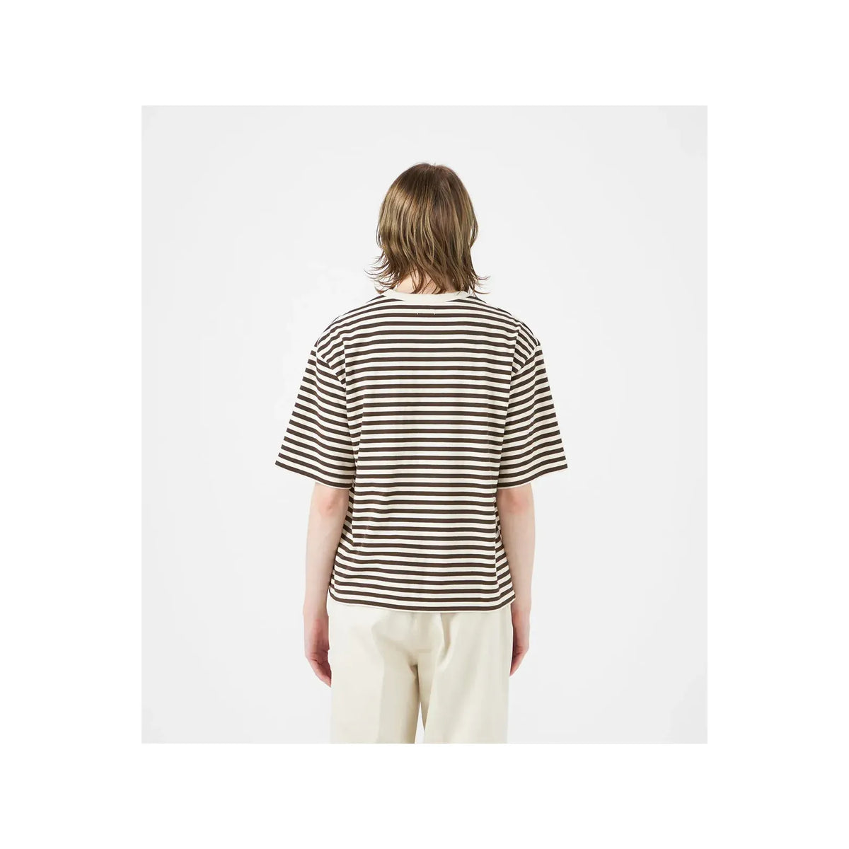 Men's black and navy COOLMAX stripe jersey tee by nanamica, featuring a comfortable, stylish men's cotton and polyester blend shirt.