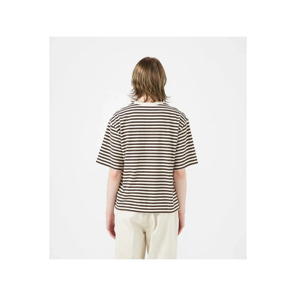 Men's black and navy COOLMAX stripe jersey tee by nanamica, featuring a comfortable, stylish men's cotton and polyester blend shirt.