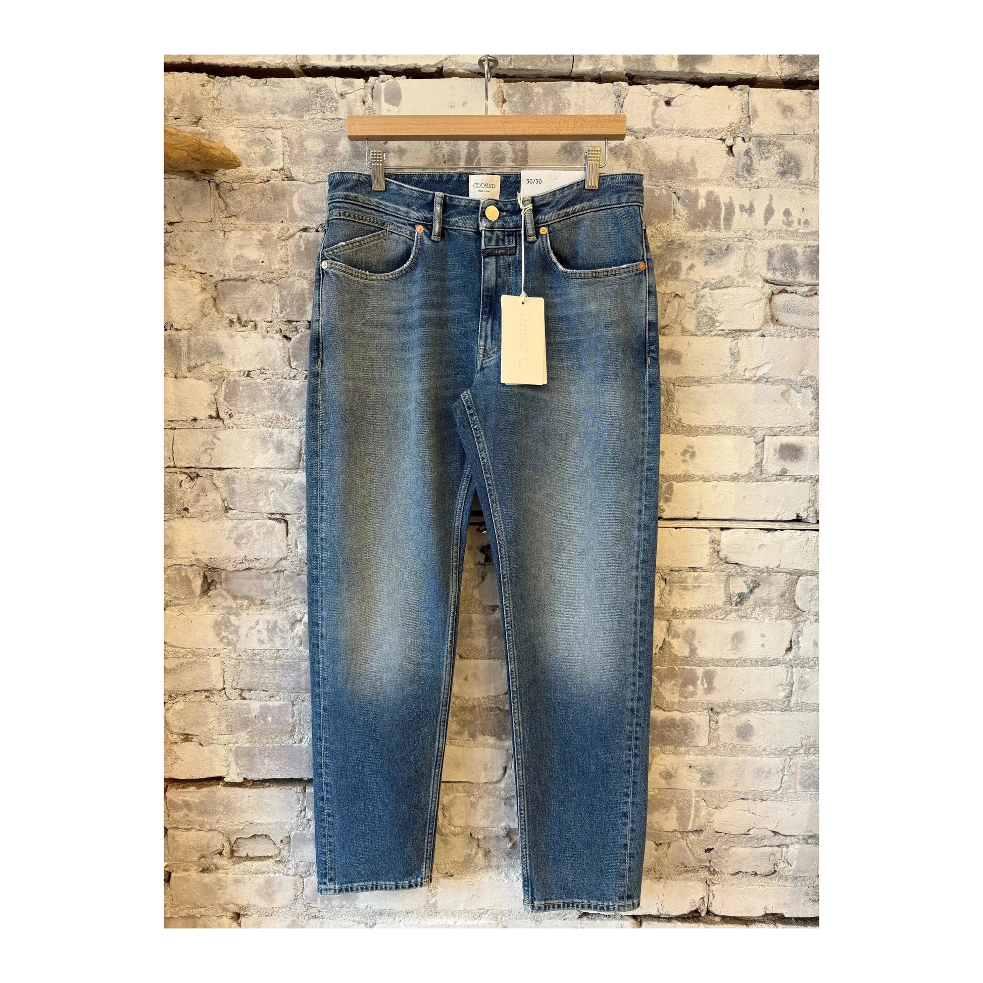 Men's mid blue Cooper True Comfort Stretch Regular Jean by Closed Men's, showing fitted denim with classic five-pocket design.