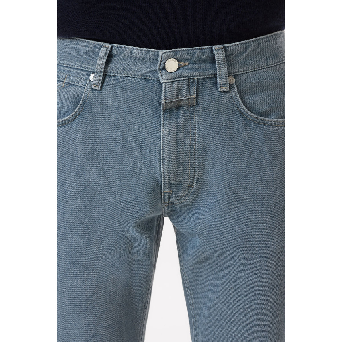 Men's Cooper True Regular Jean in mid grey, made by Closed Men's, displayed on a hanger with a classic fit and casual style.