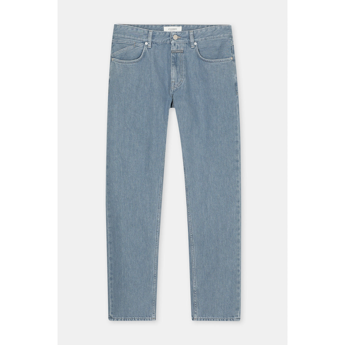 Men's Cooper True Regular Jean in Mid Grey by Closed Men's, showcasing classic fit denim with subtle fading and stitching details.