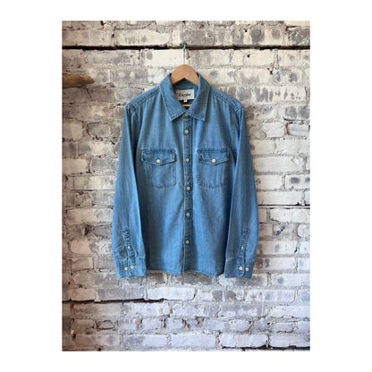 Men's light indigo denim shirt by Corridor, long-sleeve casual shirt with button-up front and classic denim texture.