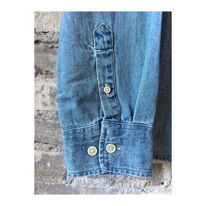Light indigo men's denim shirt by Corridor, long-sleeve casual shirt with button-down front and classic denim texture.