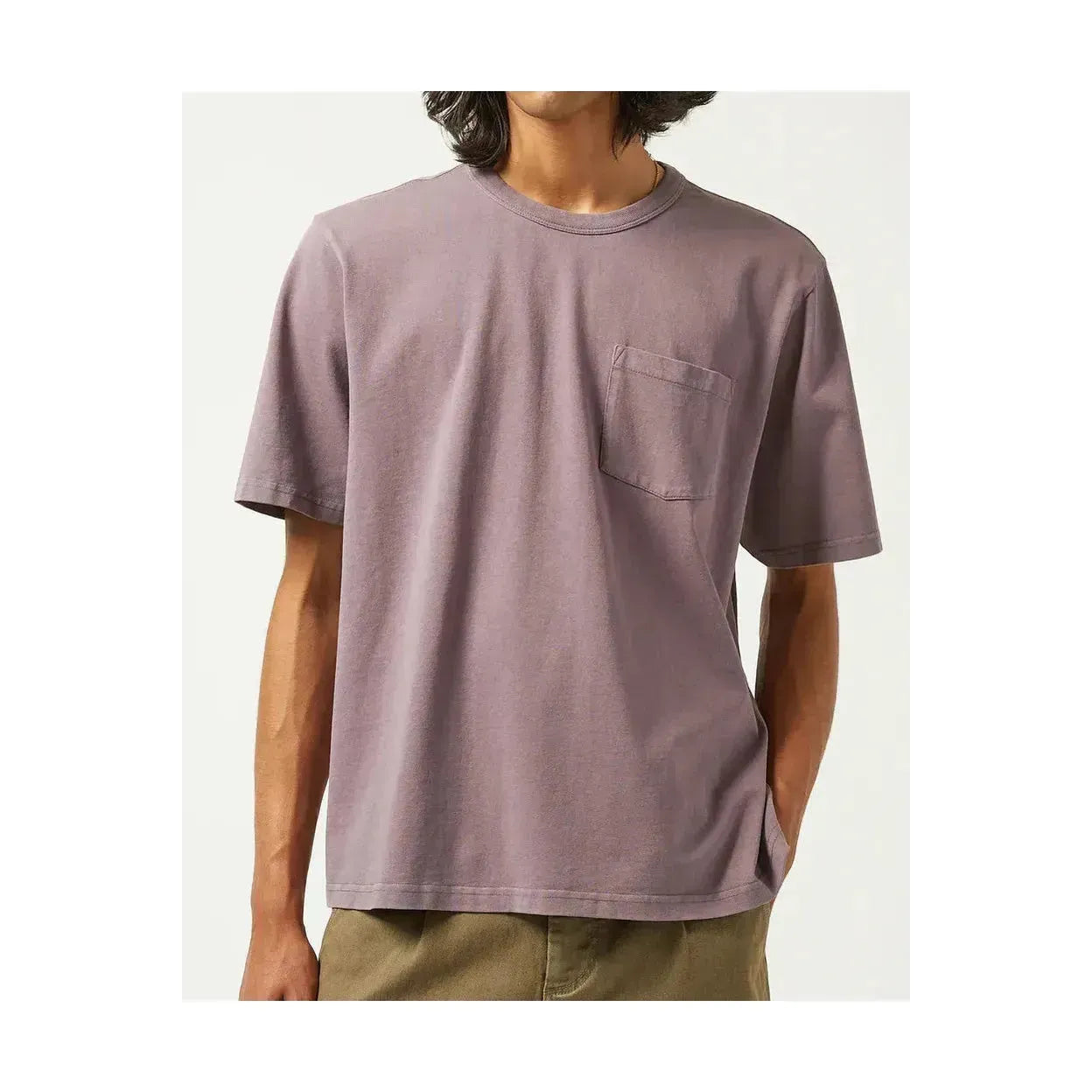 Men's garment dyed violet T-shirt by Corridor, showcasing a relaxed fit and soft fabric in a close-up view.