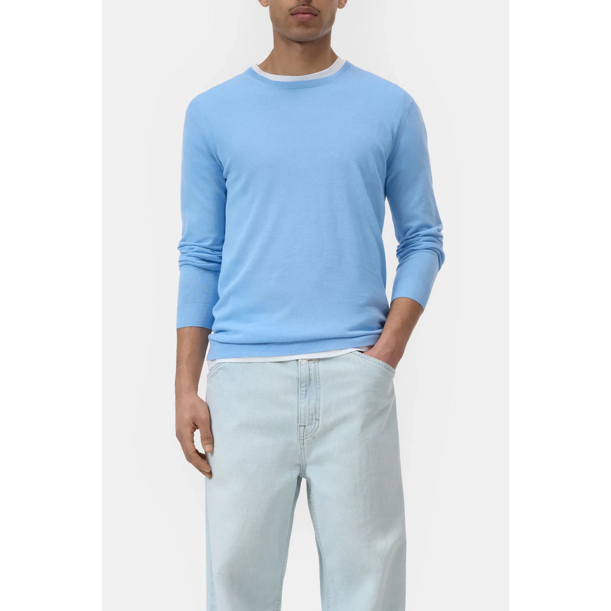 Sky blue men's cotton jumper by Closed Men's, featuring a soft knit fabric and classic crewneck design.