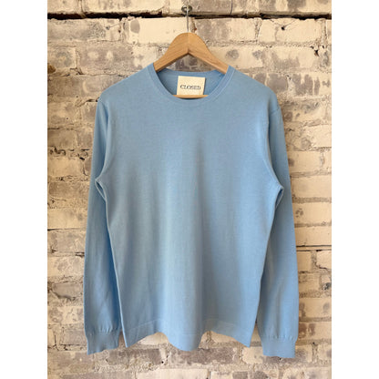 Men's sky blue cotton jumper by Closed Men's, featuring a comfortable, casual fit with long sleeves and a round neckline.