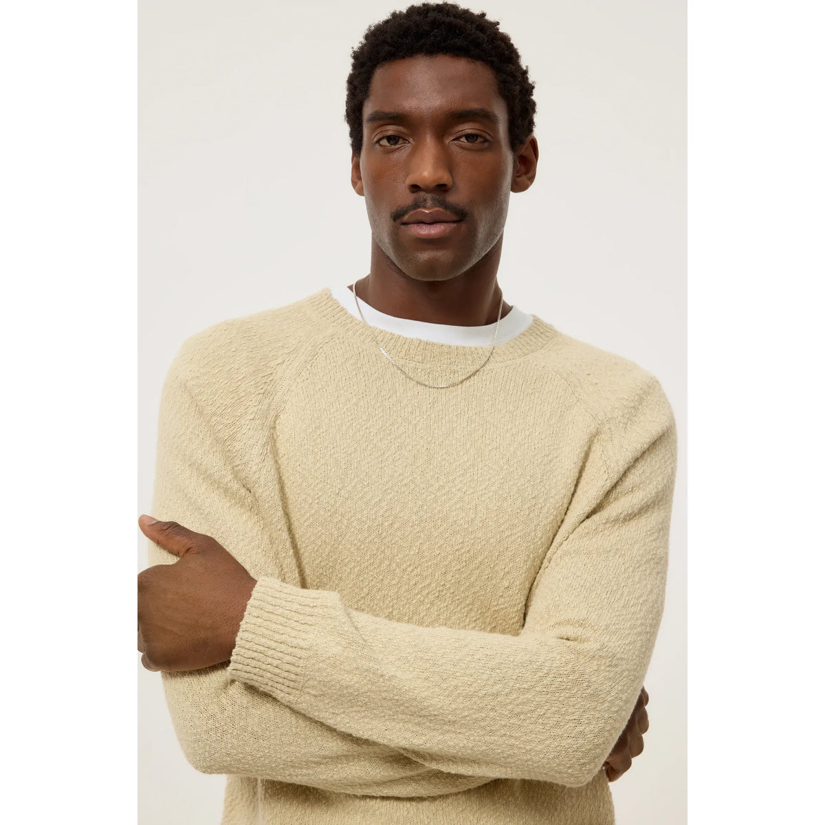 Men's Closed Cotton Jumper in Whipped Cream, cozy knit sweater with ribbed cuffs and neckline, soft and comfortable for casual wear.