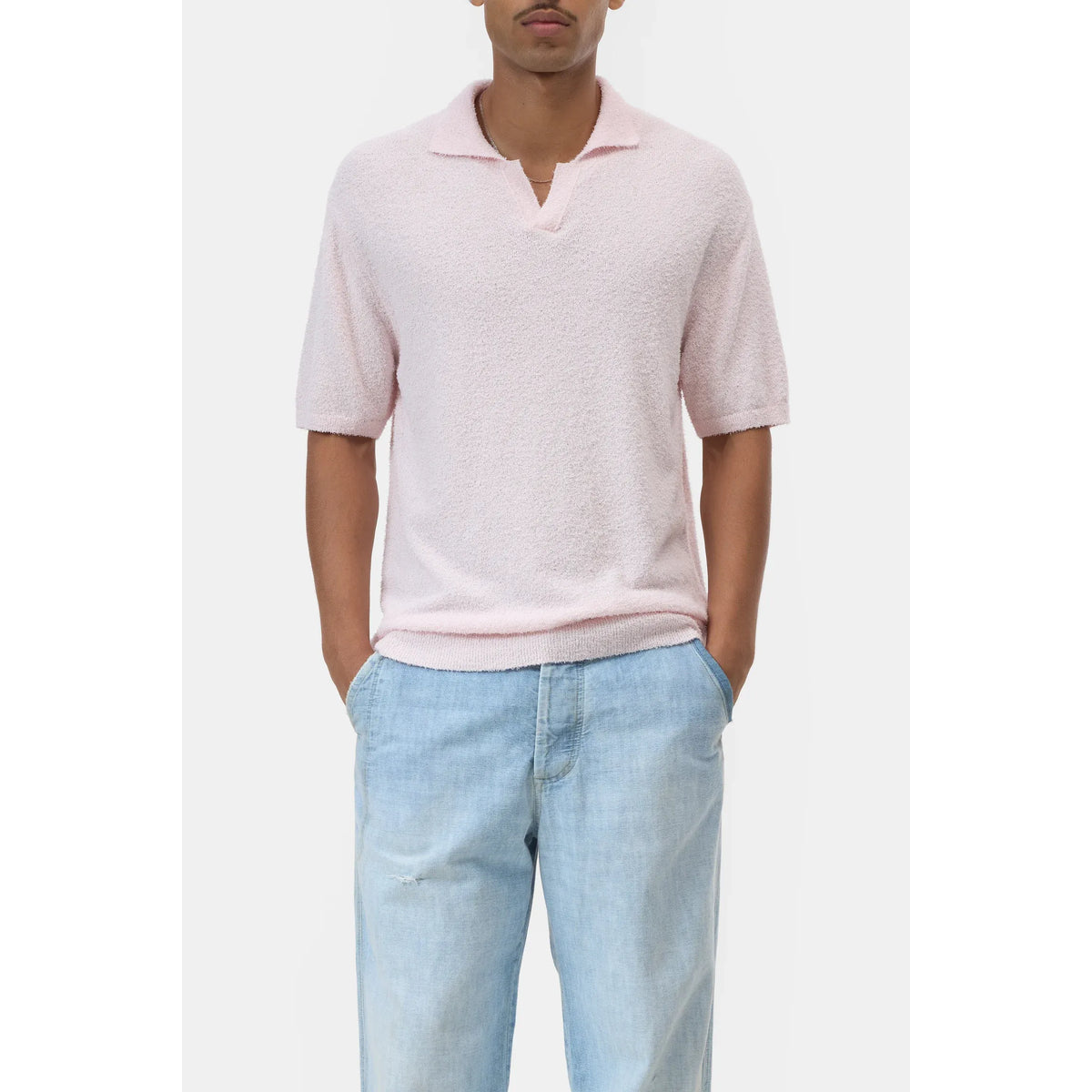 Men's Quartz Pink Cotton Knit Polo shirt by Closed Men's, featuring a classic collar and short sleeves.