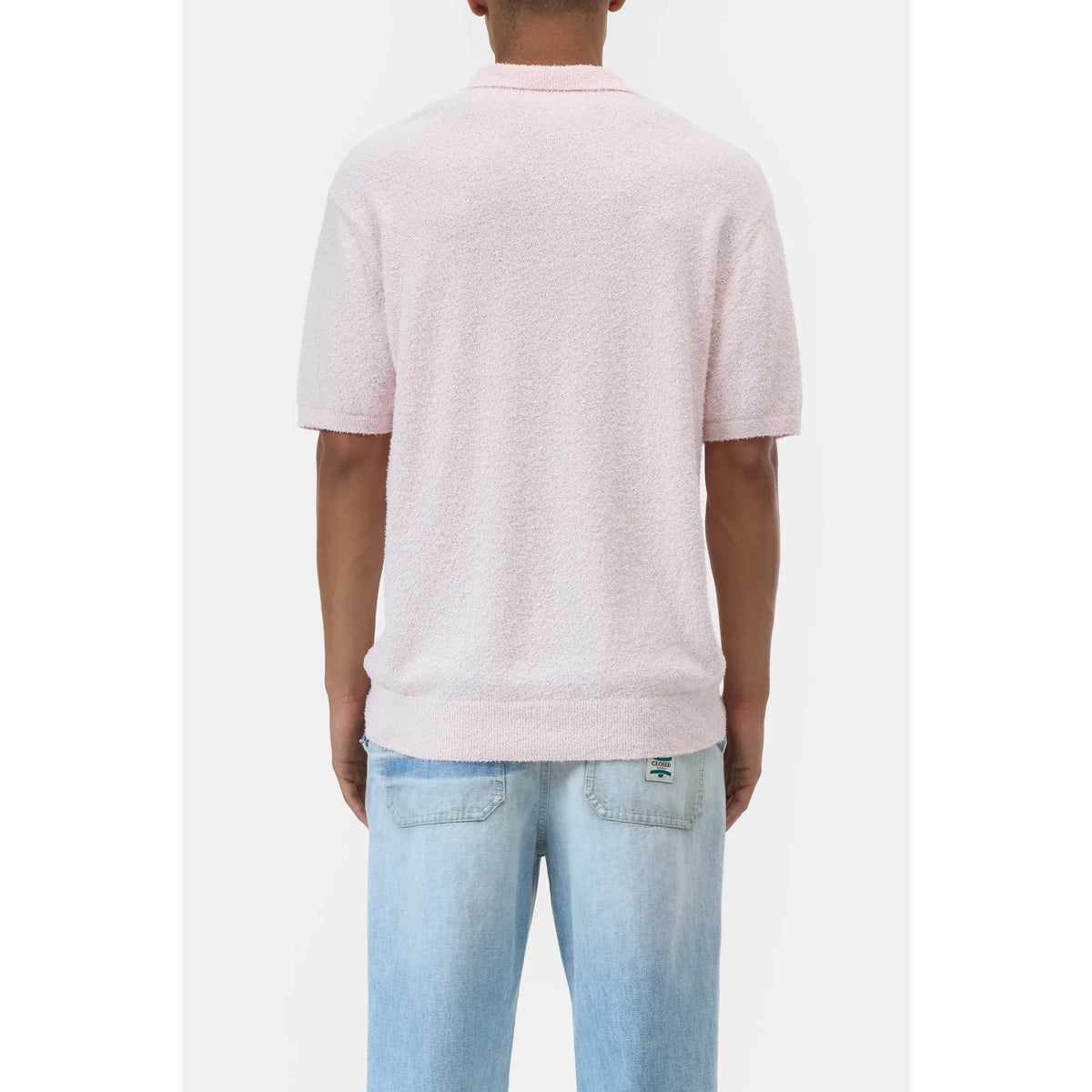 Men's cotton knit polo shirt in quartz pink by Closed Men's, featuring a classic collar and short sleeves.