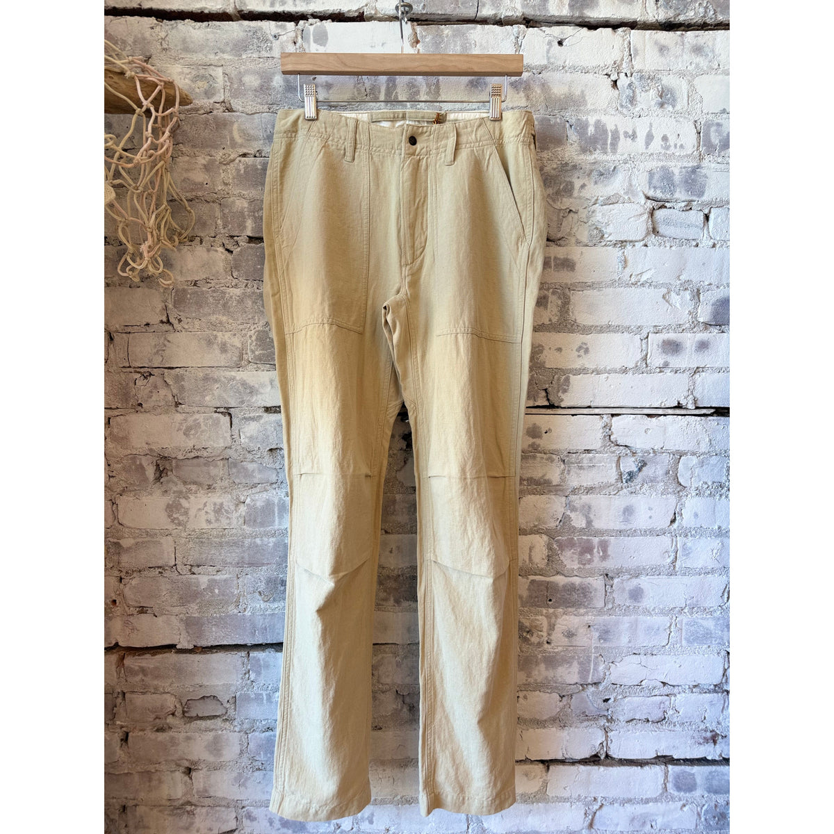 Men's cotton and linen supply pant in biscuit color by Relwen, featuring a relaxed fit and classic design.