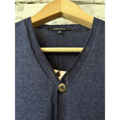 Women's navy cotton-linen V-neck cardigan sweater by Pas De Calais, showing the front with a relaxed fit and soft fabric.