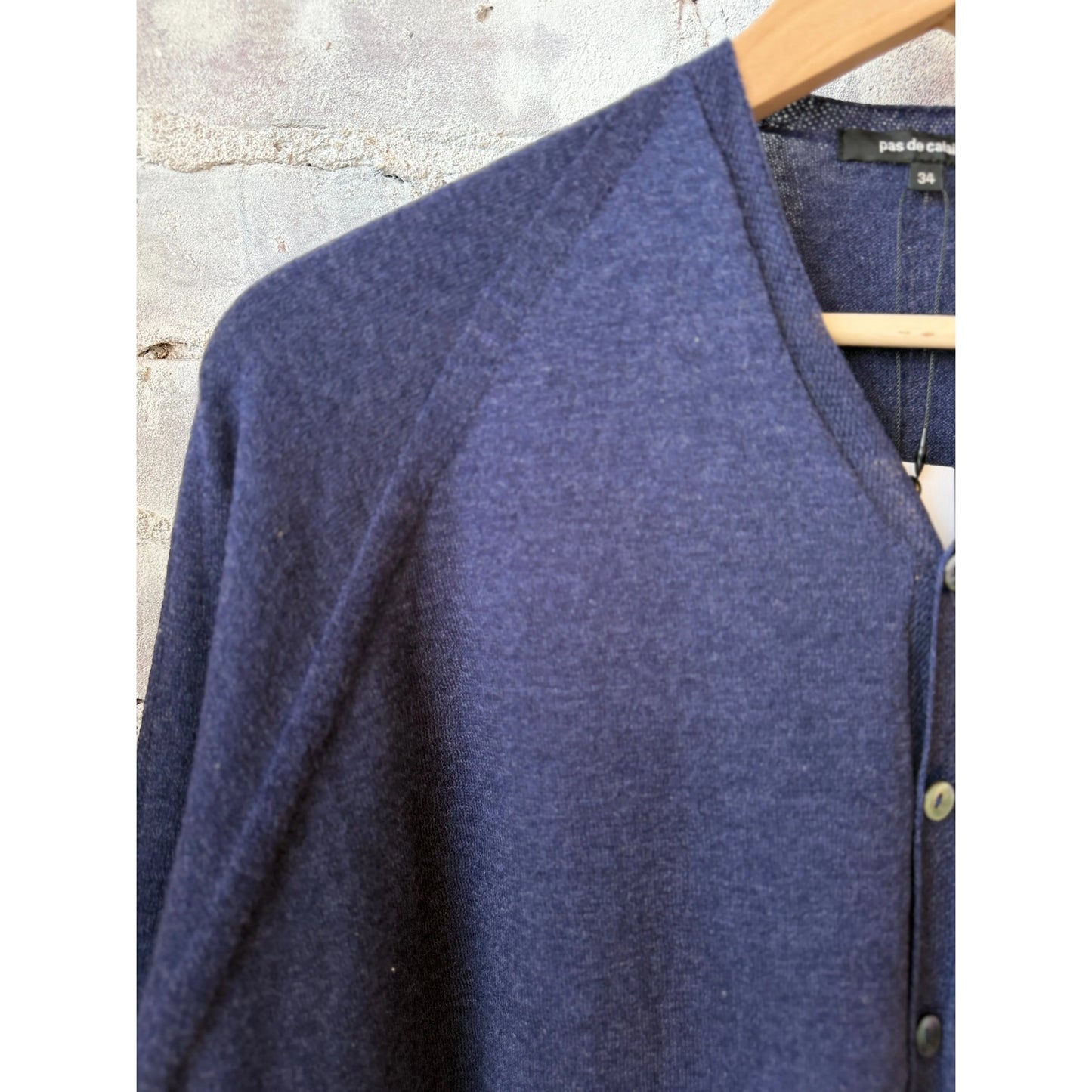 Women's navy cotton-linen V-neck cardigan sweater by Pas De Calais, featuring a soft knit fabric and classic fit.