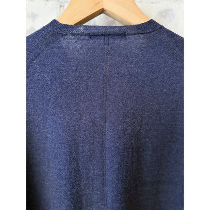 Women's navy Cotton-Linen V-Neck Cardigan Sweater by Pas De Calais, showing the soft fabric and classic V-neck design.