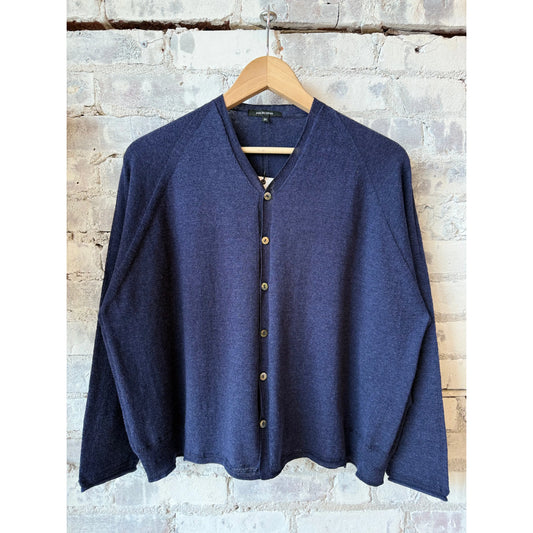 Women's navy cotton-linen V-neck cardigan sweater by Pas De Calais, displayed flat to show knit texture and design details.