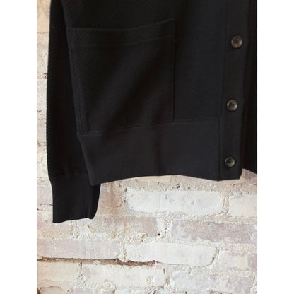 Women's black cotton mesh long-sleeve cardigan by V::Room, lightweight and breathable with a stylish open-knit design.