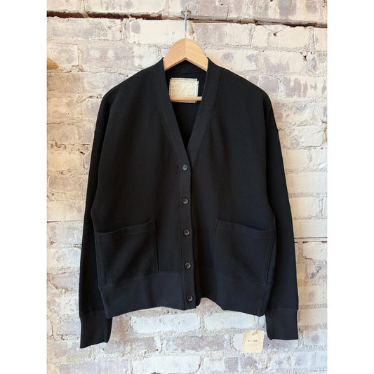 Black women's cotton mesh long-sleeve cardigan from V::Room, featuring lightweight, breathable fabric and a relaxed fit.