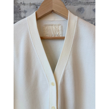 White women's Cotton Mesh LS Cardigan by V::Room, showing a lightweight, long-sleeve knit sweater with a mesh design.