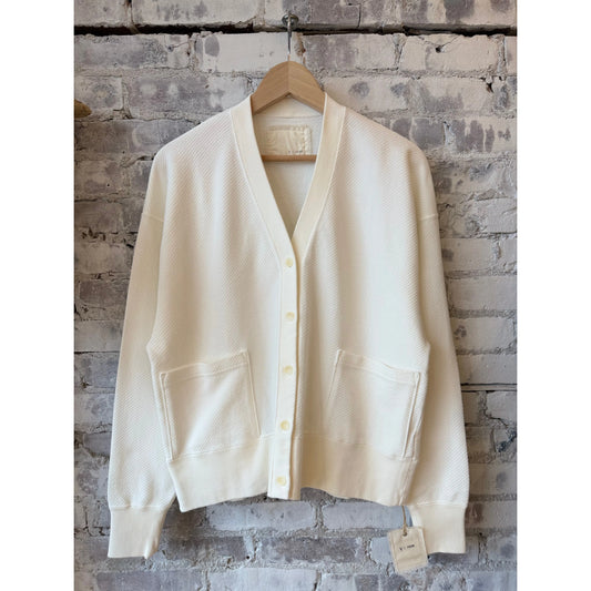 White women's Cotton Mesh LS Cardigan by V::Room, showing the lightweight, long-sleeve, open-knit design on a model.
